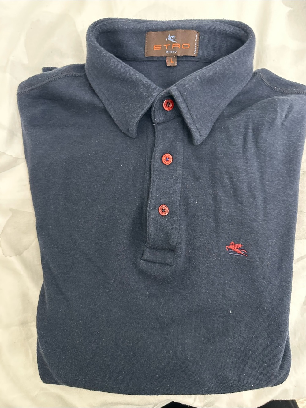 Etro Milano Men’s Long Sleeve Polo L Navy Pegasus Logo Red Buttons Made in Italy